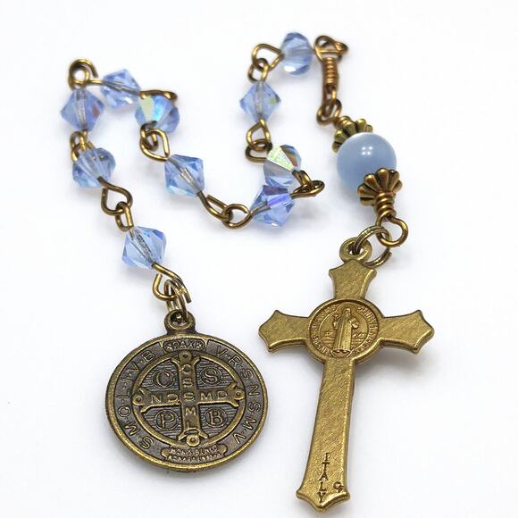 St. Benedict Blue Handmade One Decade Rosary, Blue Crystal Decade Beads - Picture 8 of 10